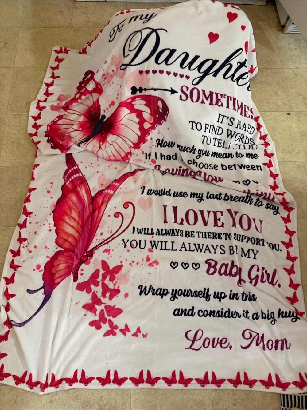 Love Mom Pink Butterfly Throw Blanket for Daughter